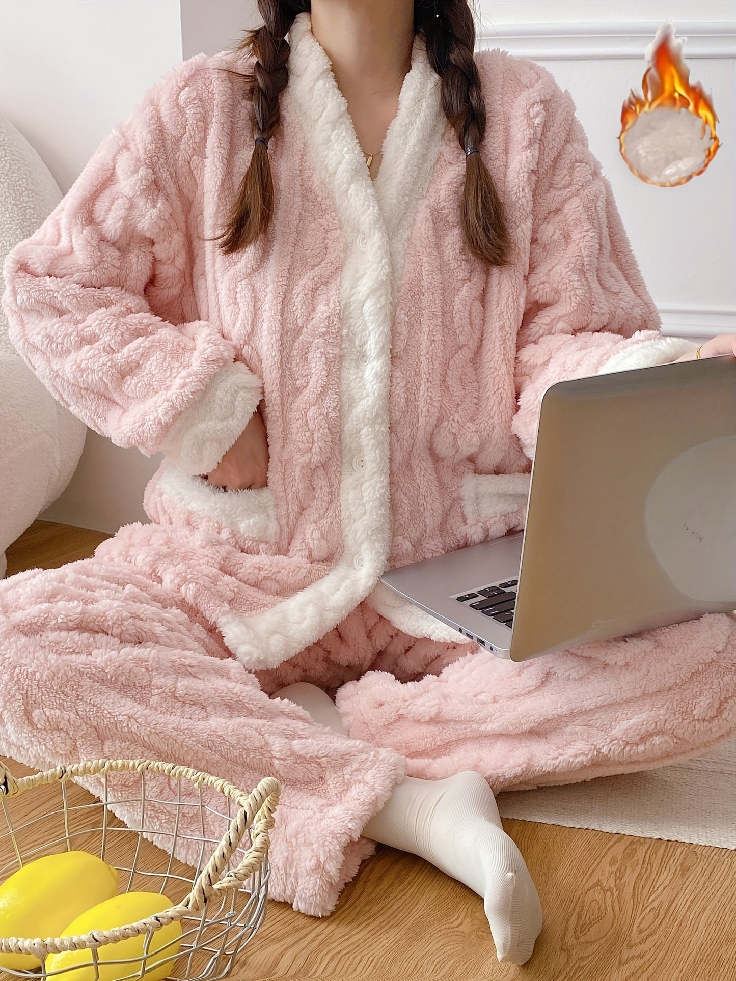 Women's Cozy Fleece V-Neck Pajama Set with Pockets, Long Sleeves, and Non-Stretch Polyester fabric.