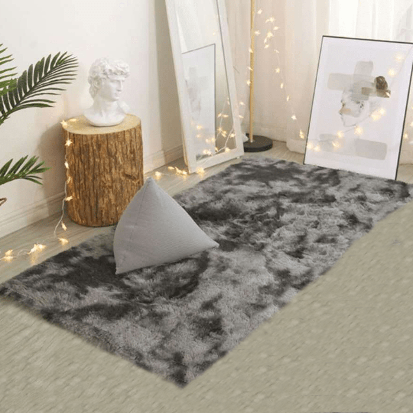 Soft and fluffy gray gradient tie-dye printed carpet rug to enhance the décor of your living room, study, bedside, or bedroom.