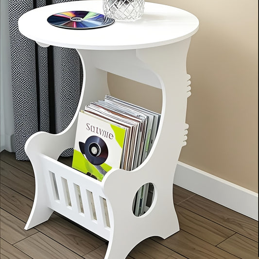 Durable plastic bedside table with storage for books and magazines. Perfect for small spaces and features a shelf for CD, DVD, and LP albums (CD not included).