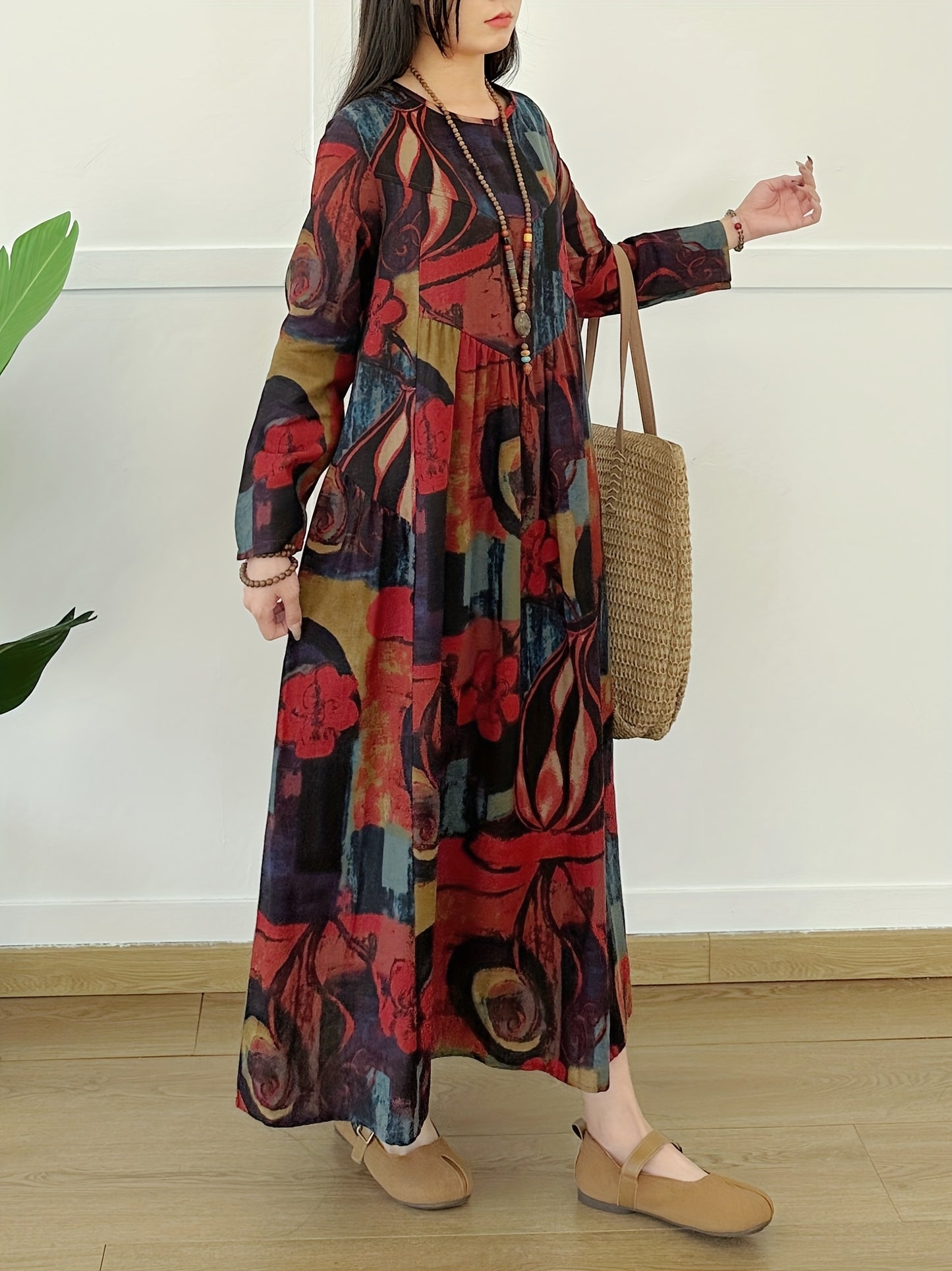 Vintage-inspired linen long sleeve dress with tie-dye print for women, ideal for casual wear throughout the seasons.