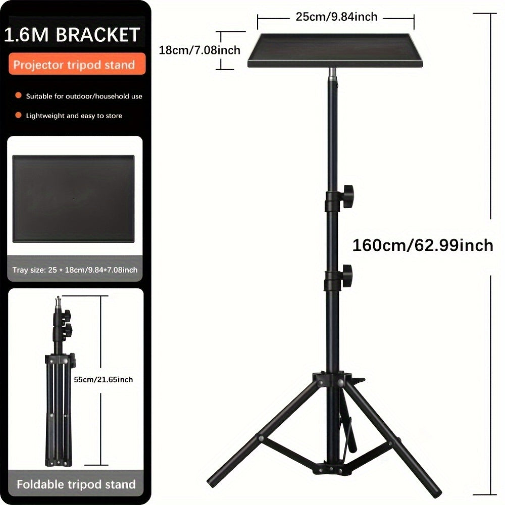 Adjustable projector stand with tray for desktop or floor use, compatible with most projectors and cameras, foldable for easy storage.