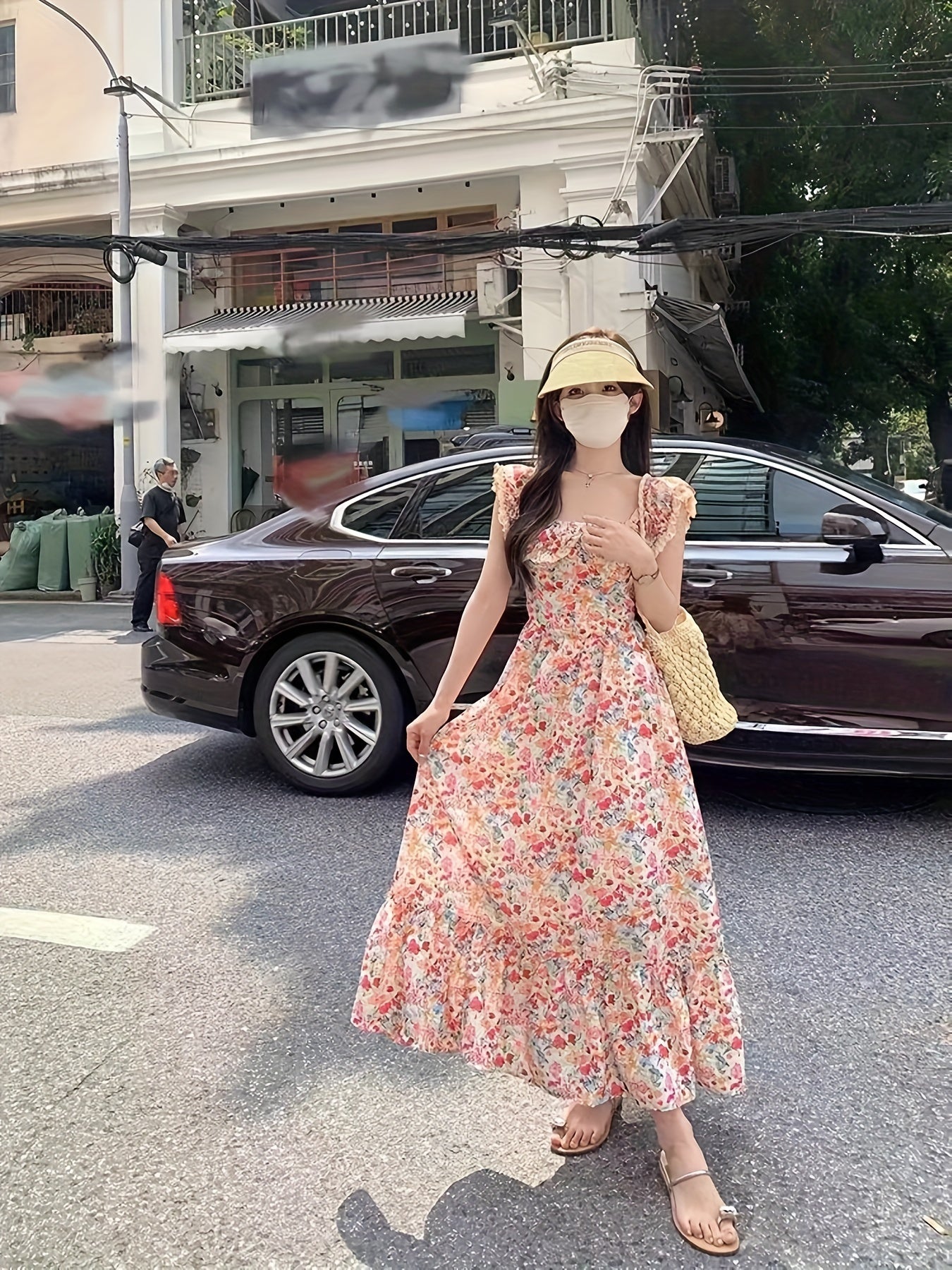 Women's Korean style floral print maxi dress with ruched sweetheart neck in an A-line silhouette. Made of polyester, suitable for spring, summer, and autumn. Perfect for adult fashion