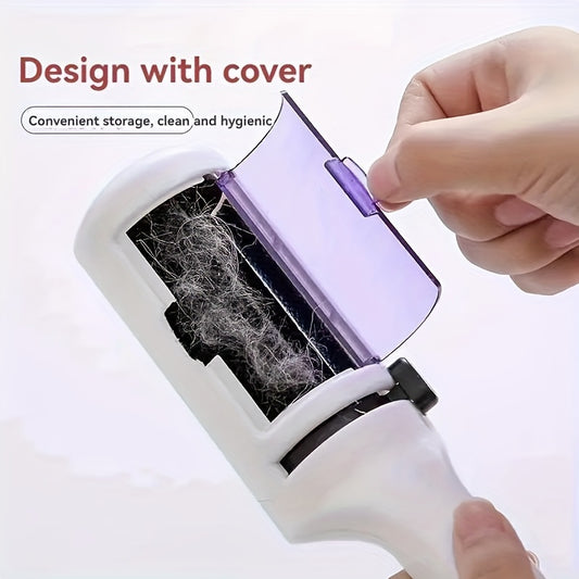 Manual lint remover roller with cover, reusable pet hair removal tool for furniture, carpet, clothing. Easy-to-use dog & cat fur cleaner with plastic handle, no electricity needed.