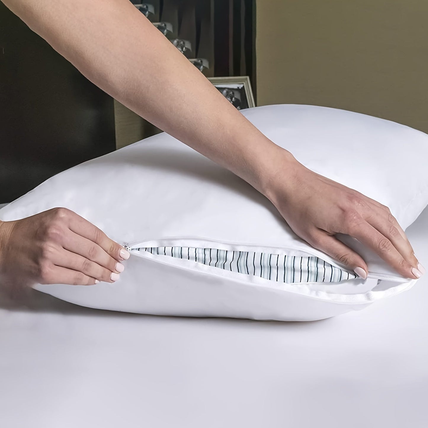 This pillow protector cover is made of 100% polyester knitted fabric that is waterproof and ultra-soft. The thick white pillowcase is breathable and machine washable with a zipper closure. It is water-resistant and features active printing, weighing 110g