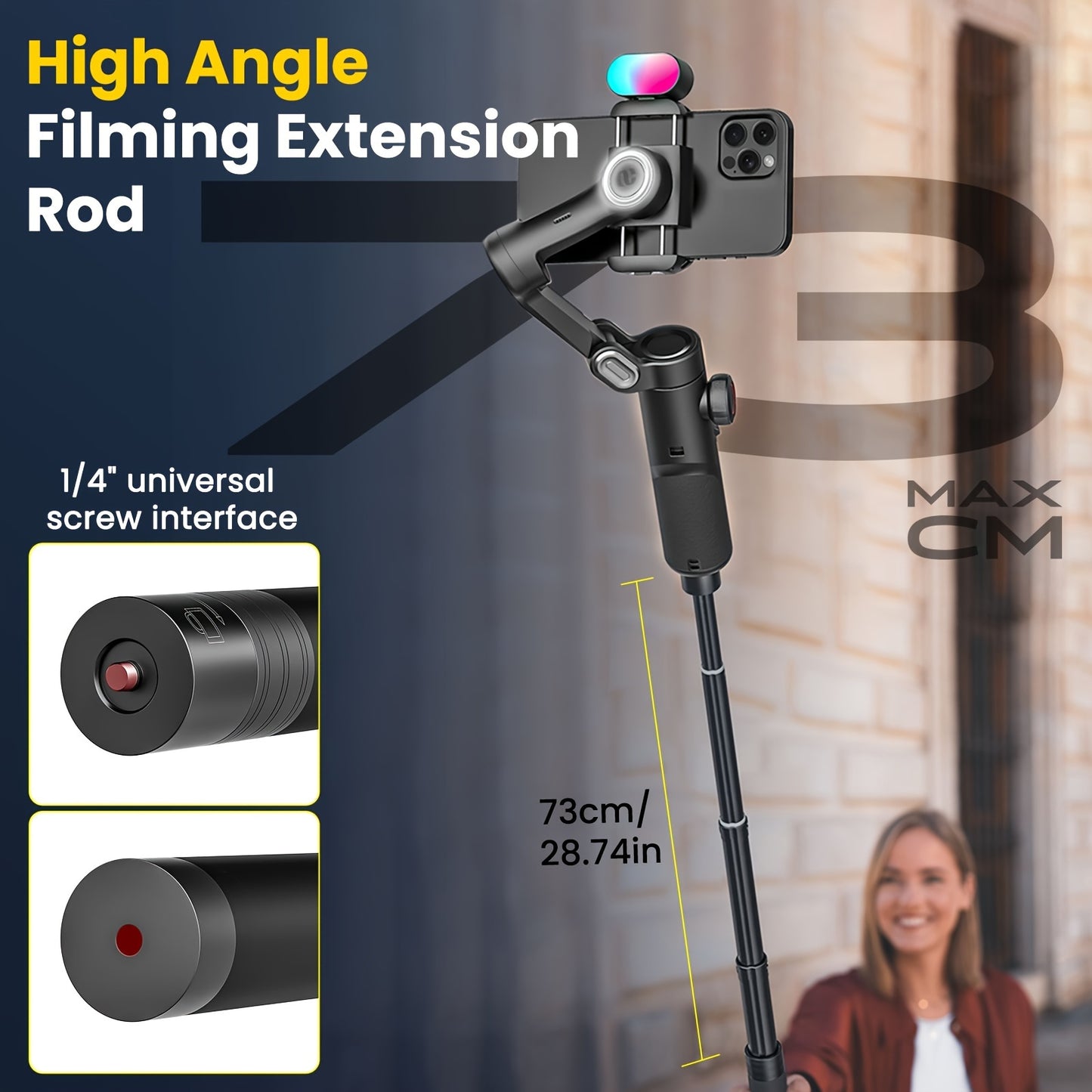 Phone gimbal stabilizer kit for Android phones with extension rod, storage bag, follow focus wheel, inception mode, and vlogging capabilities.