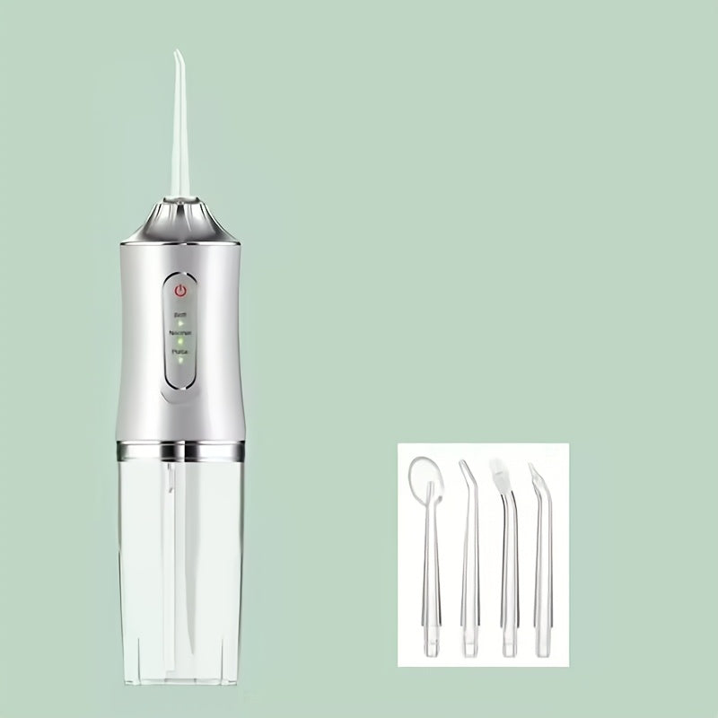 1 portable oral irrigator with USB rechargeable feature, 800mAh lithium battery, 3 cleaning modes, 4 jet tips for teeth cleaning and gap residue removal.