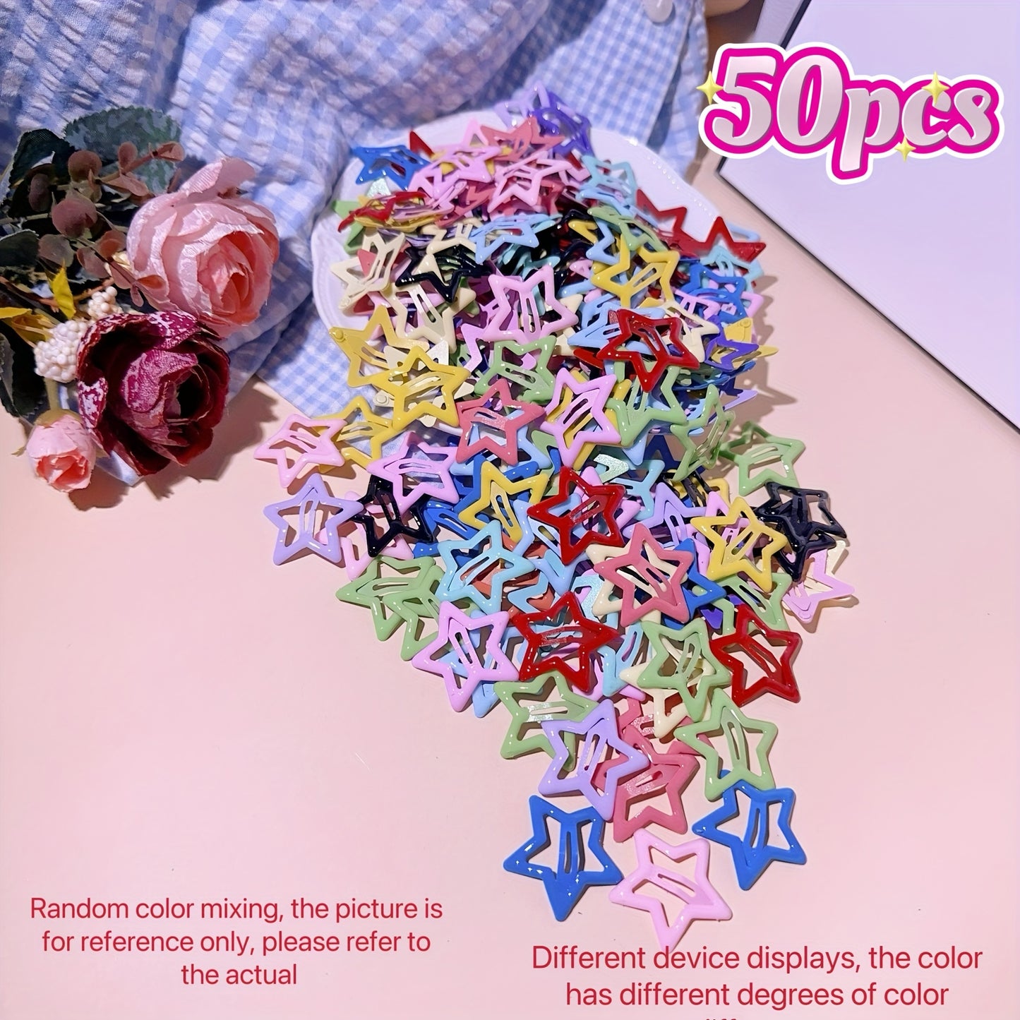 Y2K Cute Star Hair Clips Set in colorful metal star shape, available in 15/30/50/100pcs. Trendy hair accessories for all ages 14+. Perfect gift for Eid and Ramadan.