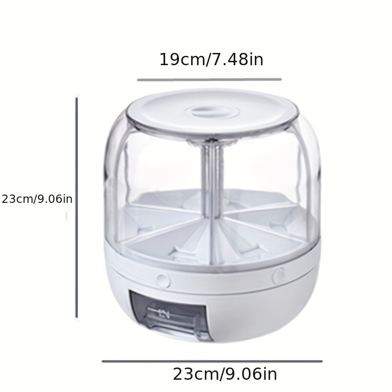 360-degree Rotating Grain Storage Box with 6 Compartments, Measuring Cup, and Automatic Rice Dispenser Button. Ideal for storing rice, cereals, grains, flours, pet food, and maintaining freshness. Perfect for organizing your kitchen supplies.