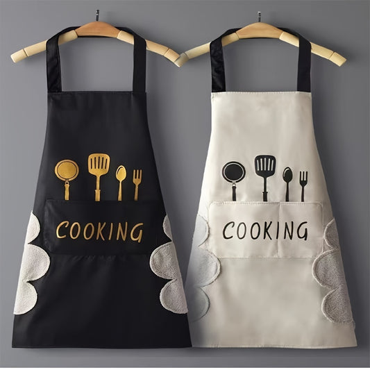 Black and white PVC aprons with cooking utensil design, Korean style with hand-wiping feature for home and restaurant use. Ideal culinary attire.