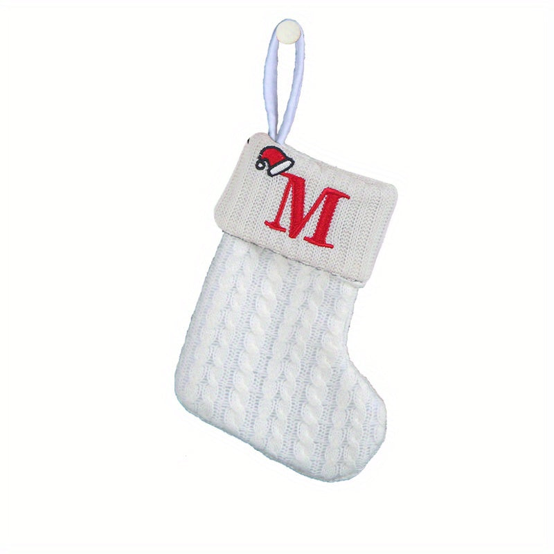 White cable knit stocking with embroidered 'F' - Ideal for indoor decor.