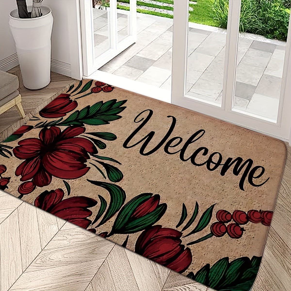 Red Flower Welcome Indoor/Outdoor Door Mat - Machine Washable, Rectangular Shape, Non-Slip Backing, Medium Pile, Made of Polyester