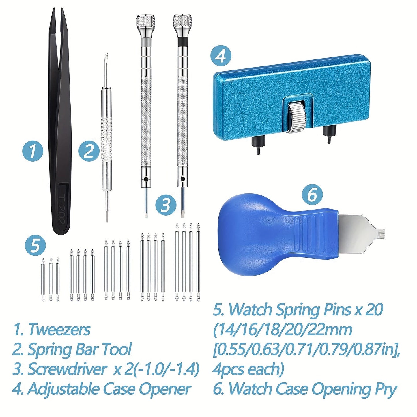 Tool kit for replacing watch batteries includes 26 pieces, including a back remover tool, case opener tool, case back opener tool, spring bar tweezers, and more. This kit is great for watch repair and makes an ideal gift choice.