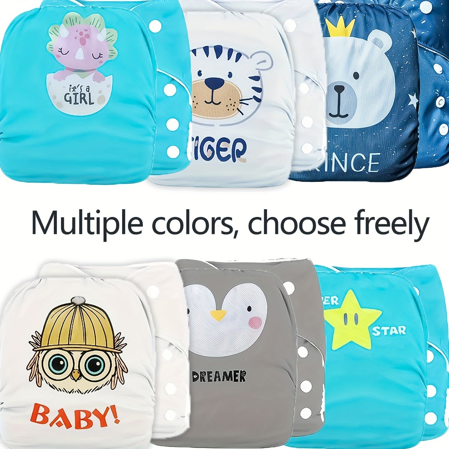 Reusable cloth training pants in a convenient 2-pack for babies and toddlers ages 0-3 years. These waterproof polyester diaper covers feature adjustable snaps and come in multiple fun designs, making them an ideal gift for infants and young children.