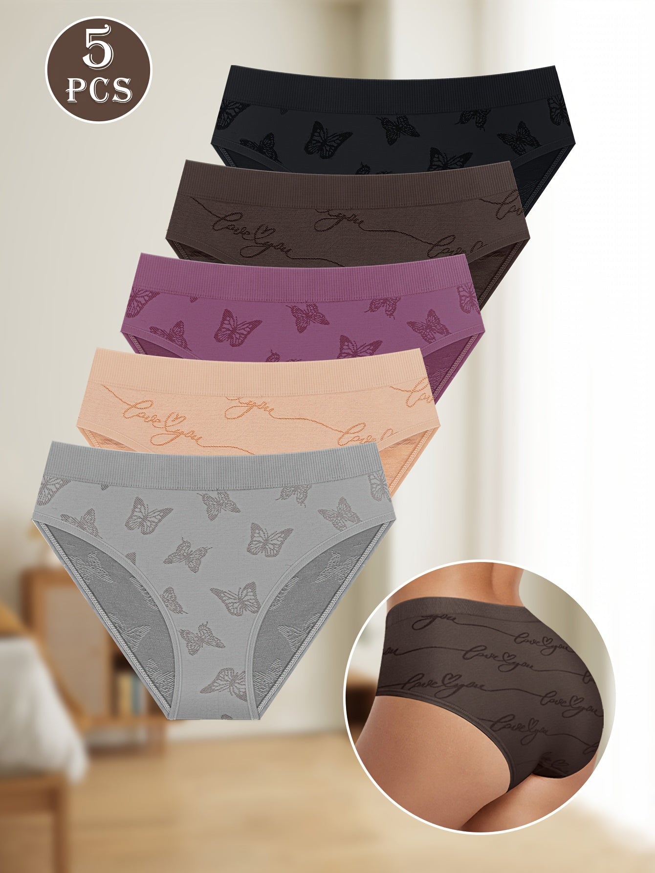 5 Ta'sirli Kelebek Print Briefs, Jozibador Qulay Havo Olish Intim Ichki Kiym, Ayollar Lingerie & Ichki Kiym