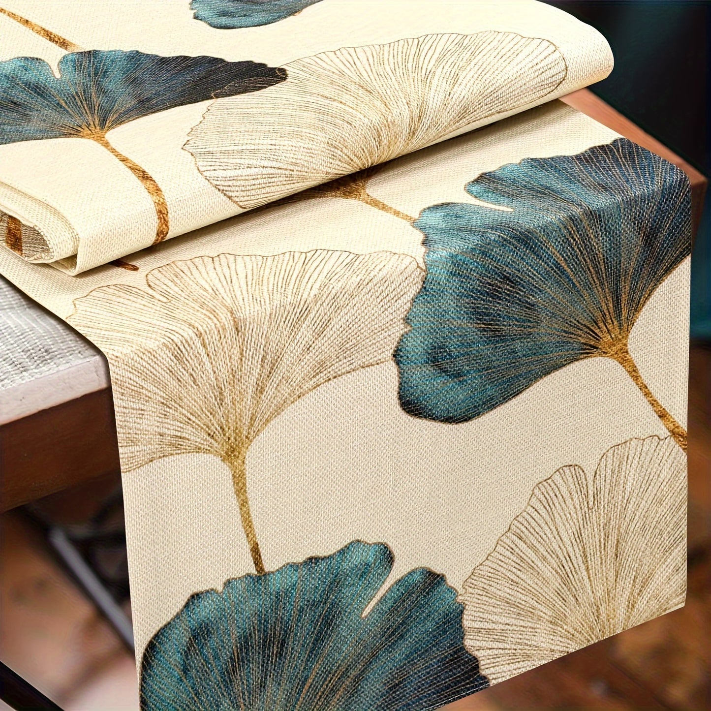 Durable blue green golden ginkgo leaf pattern table runner for rustic farmhouse decor.