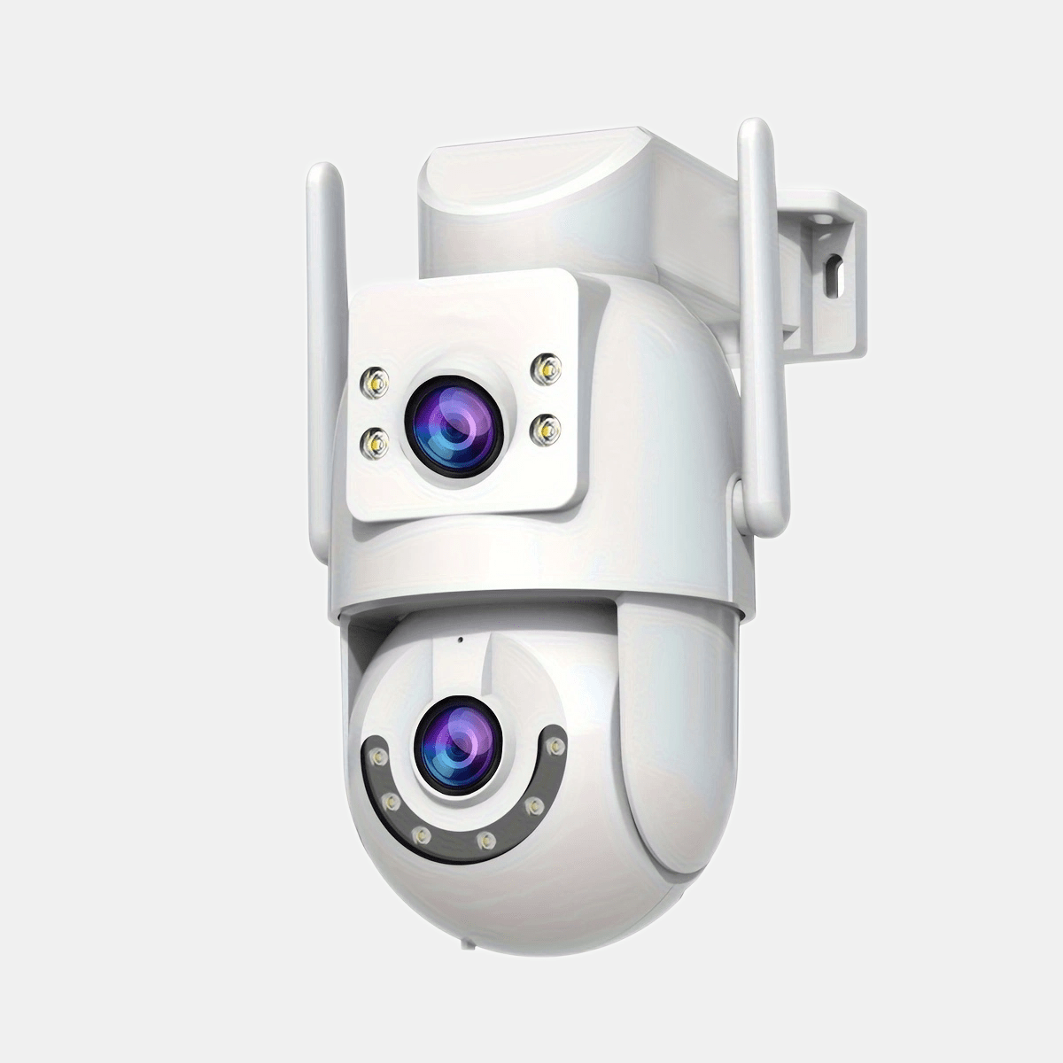 The JOOAN Dual Lens WiFi Security Camera offers PTZ Technology and HD Resolution, with Nightvision for clear imaging in low light. It features Two-Way Audio, Motion Detection, and is suitable for Indoor Use, with the option to wall hang. Smartphone