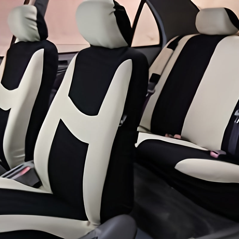 New full seat cover set for 5-seater car, includes 2 front seat covers, 1 rear seat back cover, 1 rear seat cover, and 5 car seat head covers.