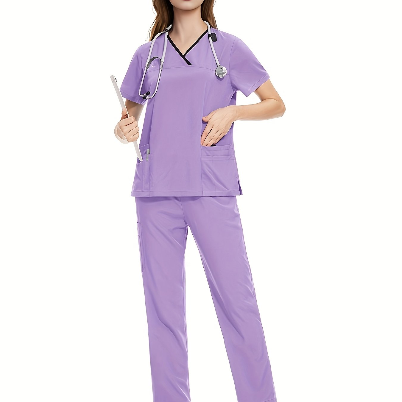 Stylish Polyester and Spandex Medical Scrubs Set with Pocket, V-Neck, and Casual Style