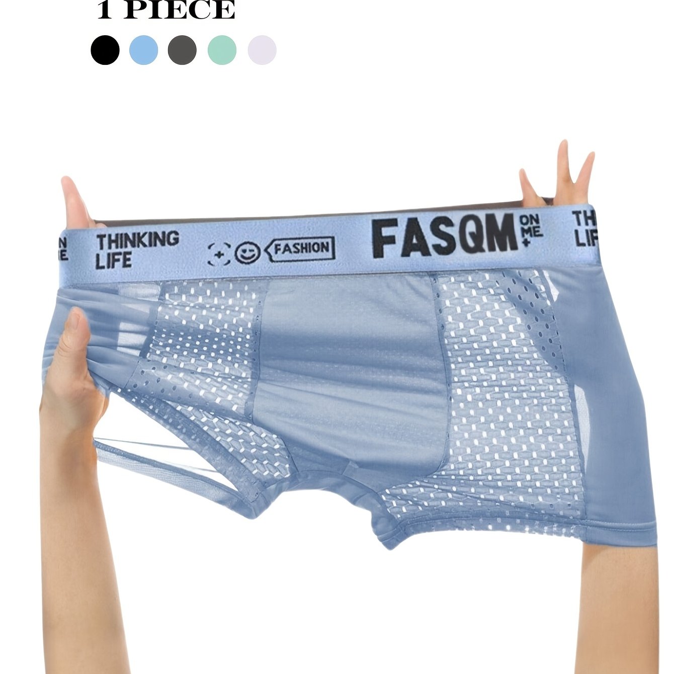 Men's breathable mesh boxer briefs made of 93% polyester and 7% spandex, featuring casual alphabet print with contrast mesh detail in sky blue, black, and deep gray options. Made with