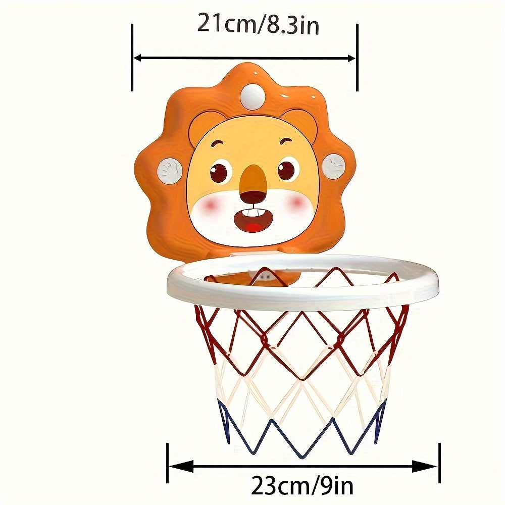 Kids' cartoon animal basketball hoop set for ages 3+ with mini balls, pump, and wall-mounted design for indoor/outdoor play.