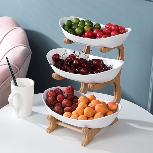 Scandinavian luxury style 2/3-tier fruit stand with double layer fruit bowl, ideal for living room or home snack tray, made of natural materials.