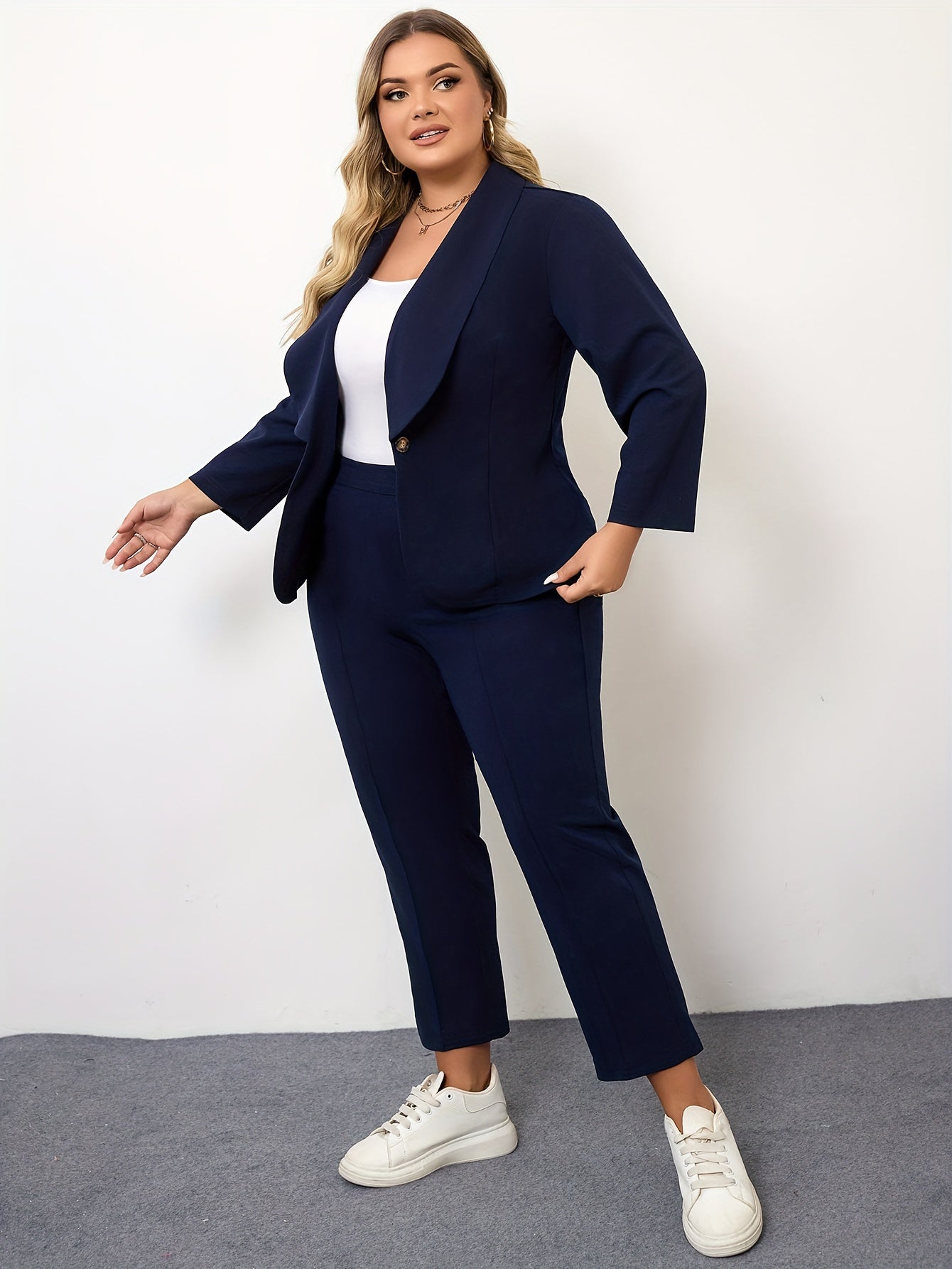 Chic Plus Size Solid Blazer & Pants Set - Stretchy, Machine Washable, Versatile Year-round