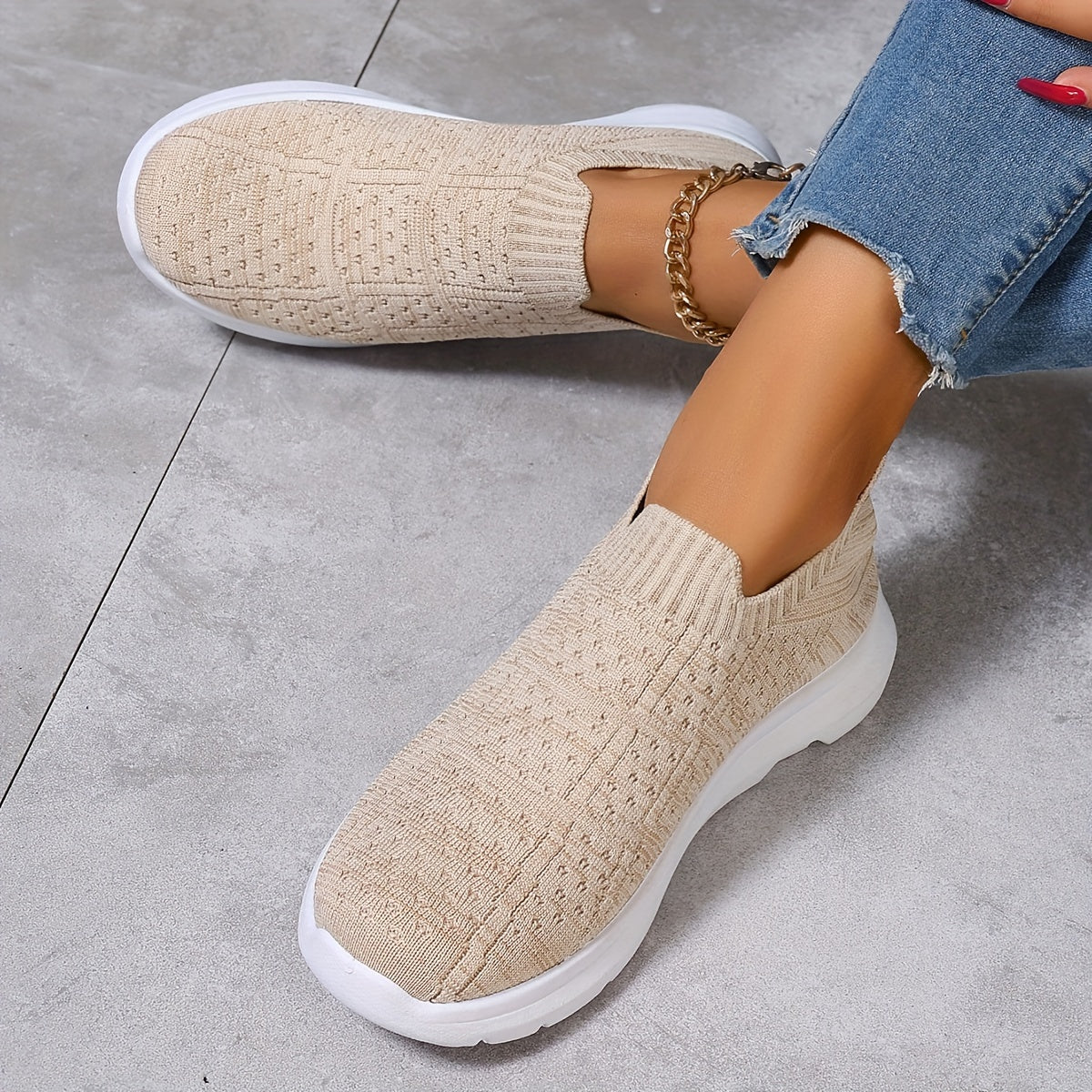 Women's Breathable Knit Slip-On Sneakers with Diamond Pattern Design, Lightweight and Soft Sole, Low-Top, All-Season Comfort, Cute Shoes.