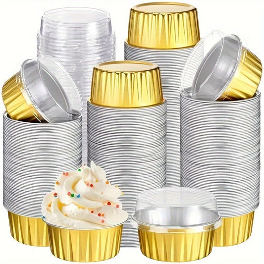 Pack of 50 disposable golden aluminum foil dessert cups with lids - BPA-free cupcake ramekins, cheesecake bake pans, and party serving containers; lead-free