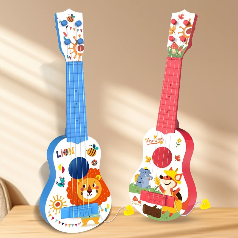 Ukulele toy in red/blue plastic, playable music instrument.