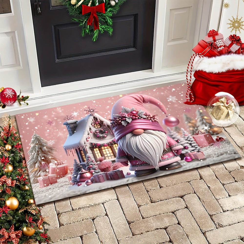 Welcome guests to your holiday home with the charming Pink Christmas Gnome Doormat! This 6mm thick mat is non-slip and machine washable, making it perfect for adding a festive touch to your decor. Ideal for holiday, gnome, and Christmas decorations.