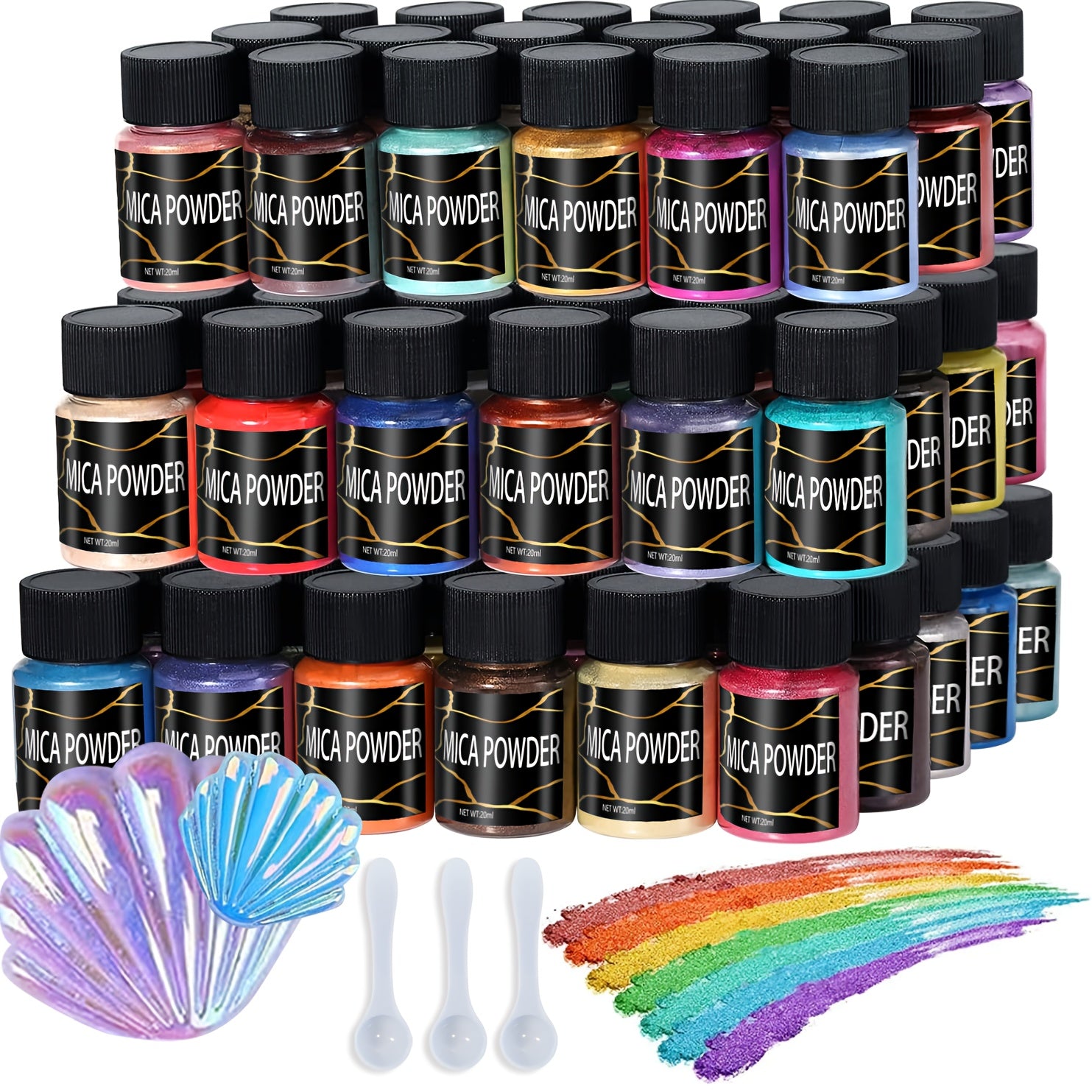 24 colors of Mica Powder, 20ml bottles, for various craft uses.