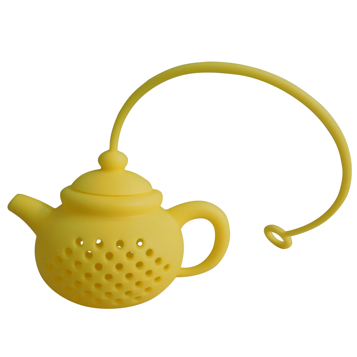 Reusable teapot-shaped tea infuser made of silicone for loose leaf tea, ideal for kitchen and dining use, small in size suitable for making tea.