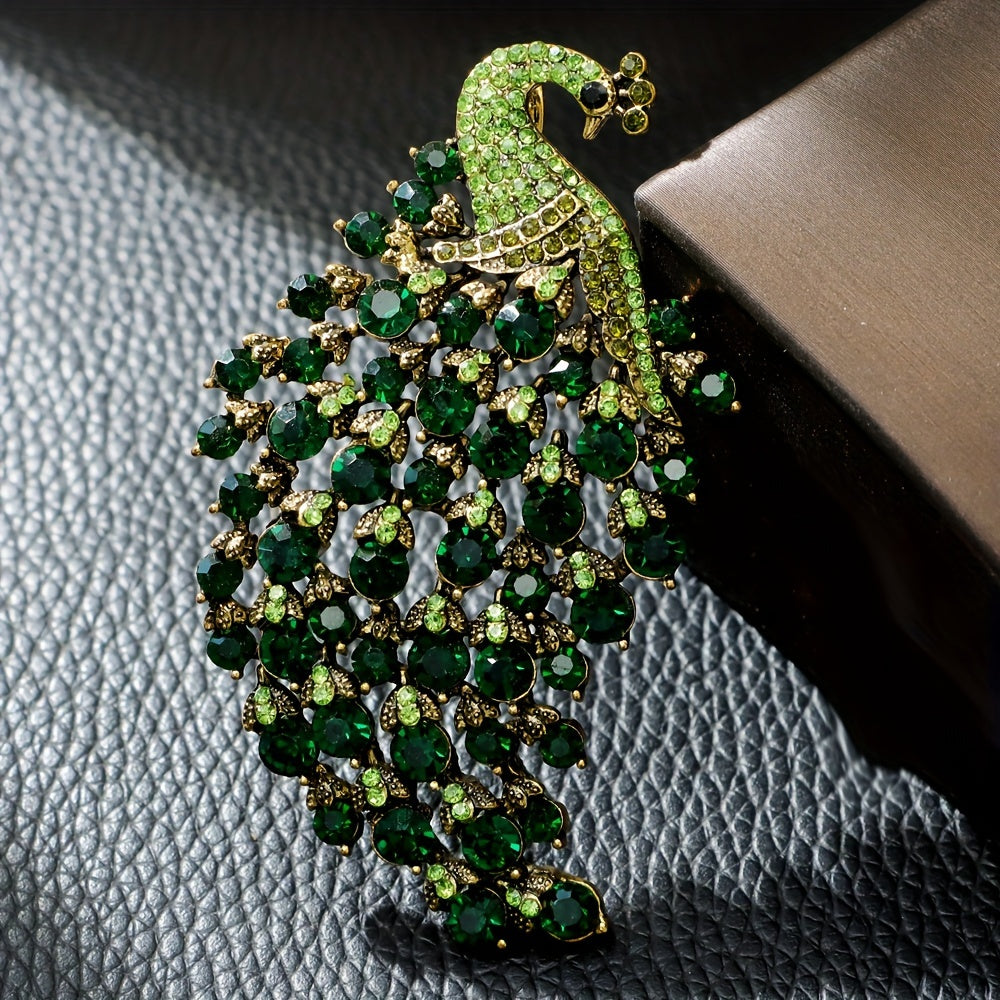 Men's Casual Style Vintage Peacock Brooch adorned with Shimmering Rhinestones - Crafted from Zinc Alloy