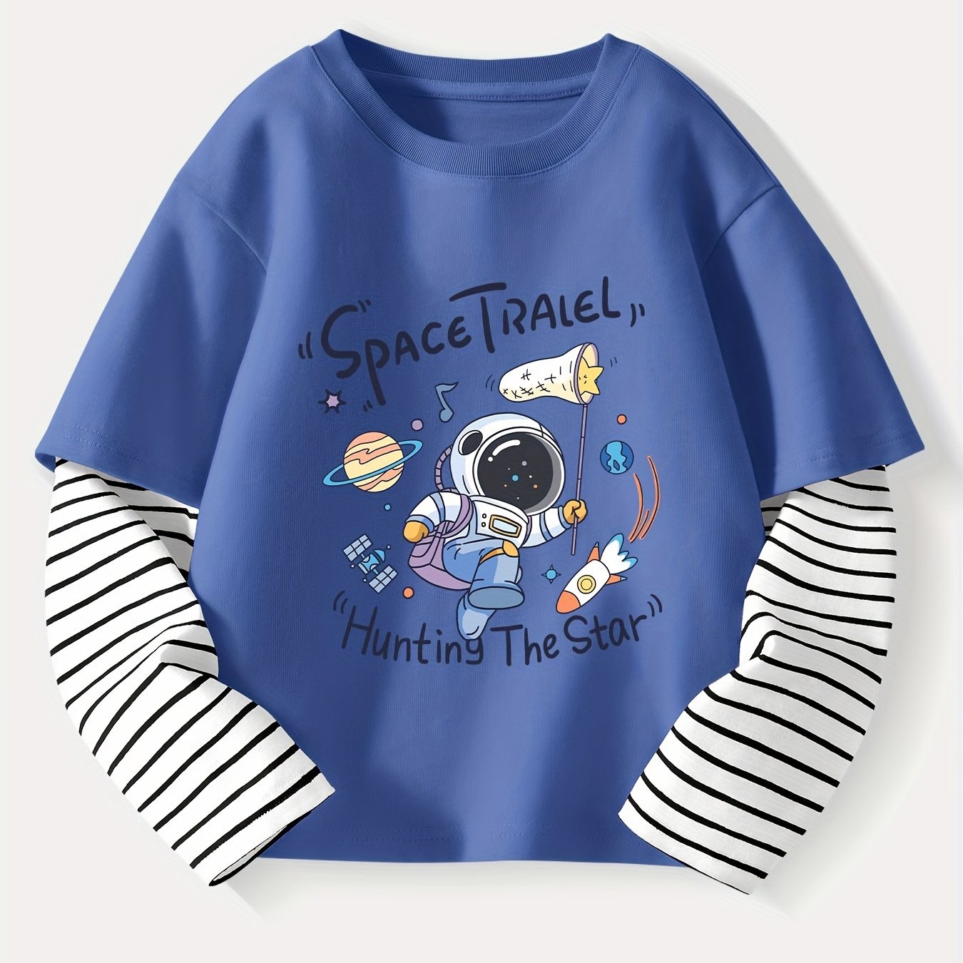 MIANZHI Boy's Striped Long Sleeve Tops with Astronaut Cartoon Print in cozy Pure Cotton.