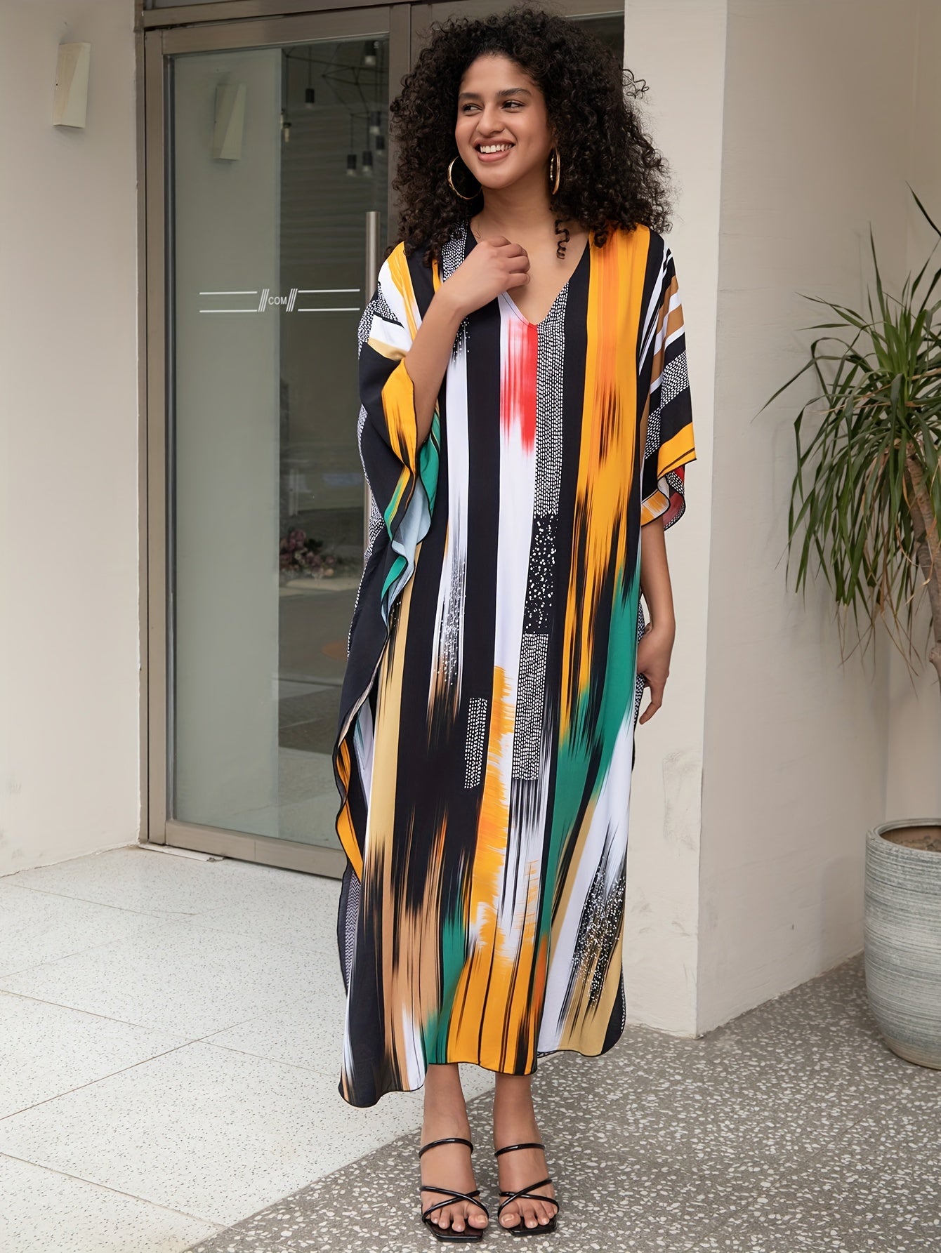 Plus Size Colorful Striped Boho Cover Up Dress