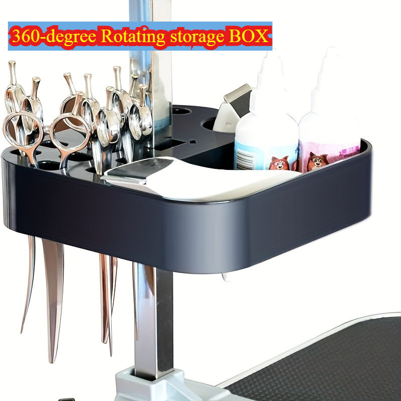 Pet grooming tools storage box for pet shop, brushes organizer on bracket for dog grooming table.