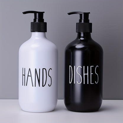 Set of 2 plastic soap dispensers for hand and dish soap, perfect for bathroom countertop storage.