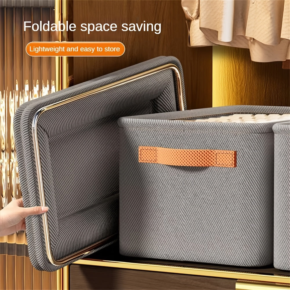 4 gray non-woven fabric storage boxes with handles for clothes and home organization; foldable and thickened for under-bed storage.