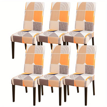 Printed stretch chair slipcovers in 4 or 6 pieces, ideal for dining chairs in various settings.