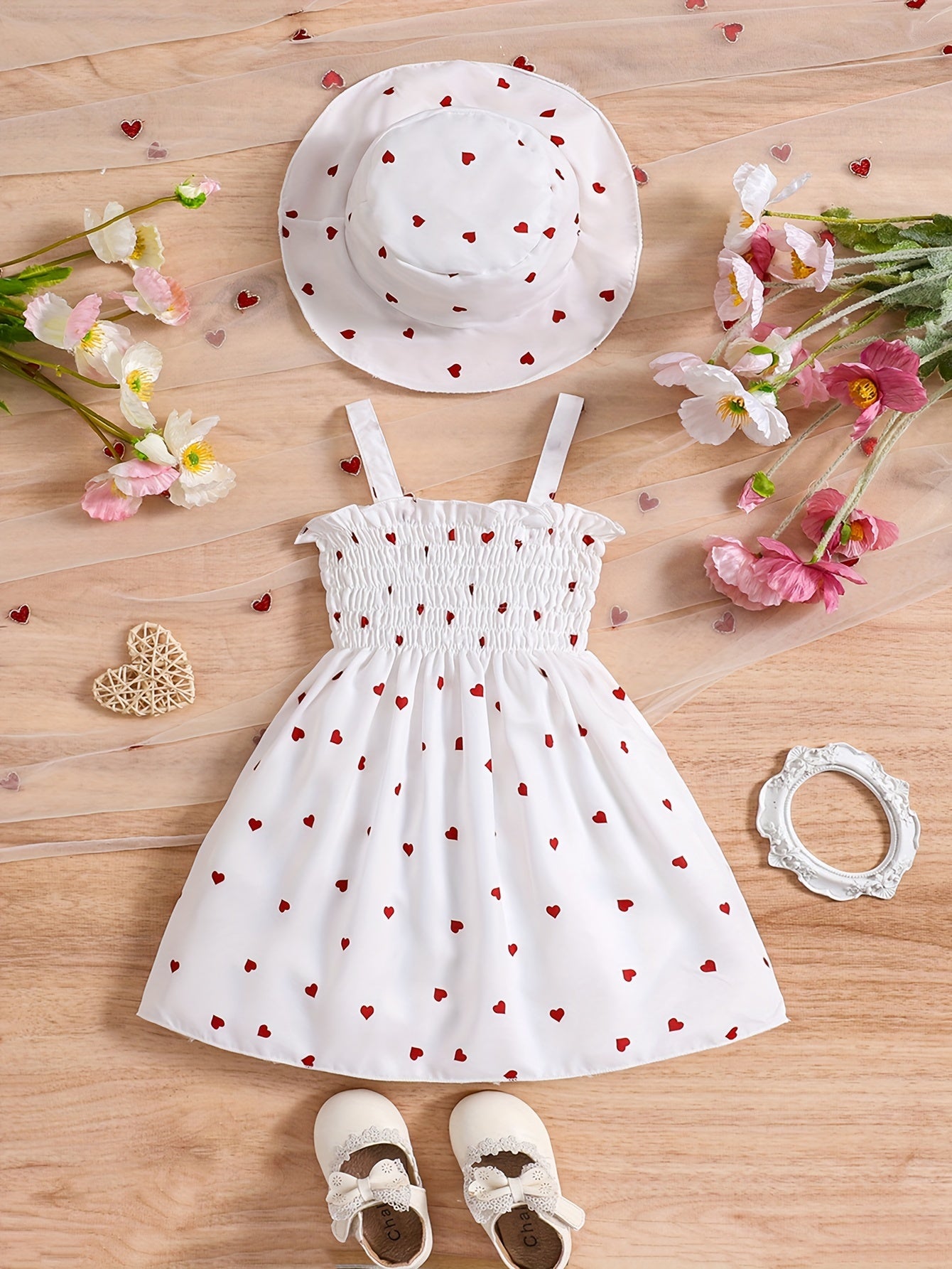 Girls' 0-3 Years Summer Love Print Dress Set with Halter Neck and Matching Hat in Two Colors