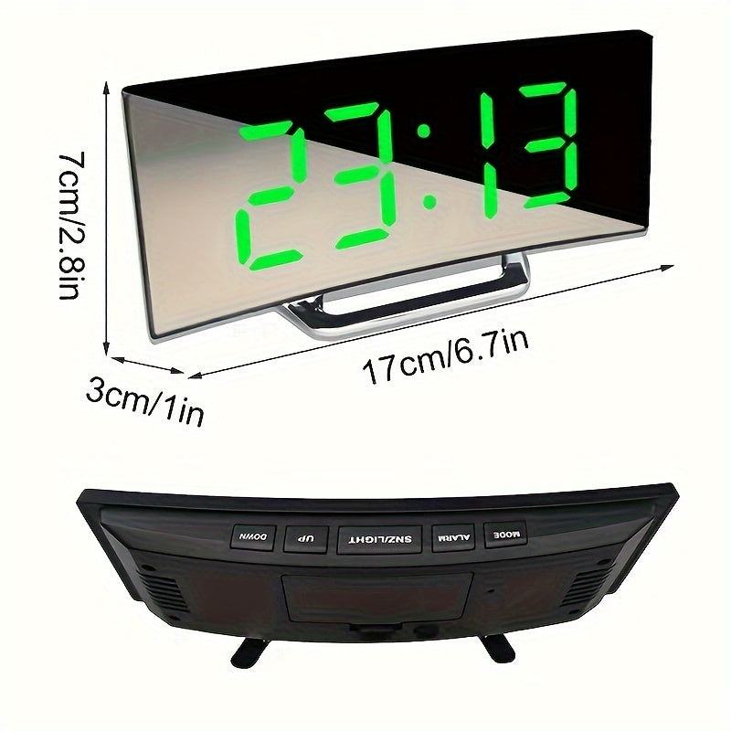 Curved LED Mirror Clock: Silent Alarm, Dimmable, USB/Battery Powered - Ideal Home Decor