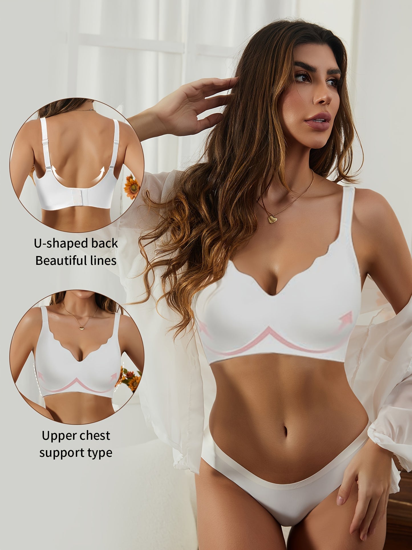 Seamless wireless push-up bra with deep V-neck and scalloped design for comfortable support