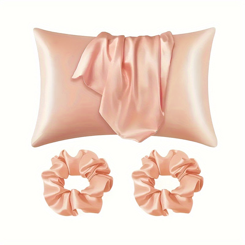 3-Piece Bed & Bathroom Set: 1 Pillowcase (pillow not included) + 2 Scrunchies - Made of Luxurious Satin with a Contemporary and Simplistic Design for Home, Hotel, or Bedroom - Comes with a Set of 2 Scrunchies