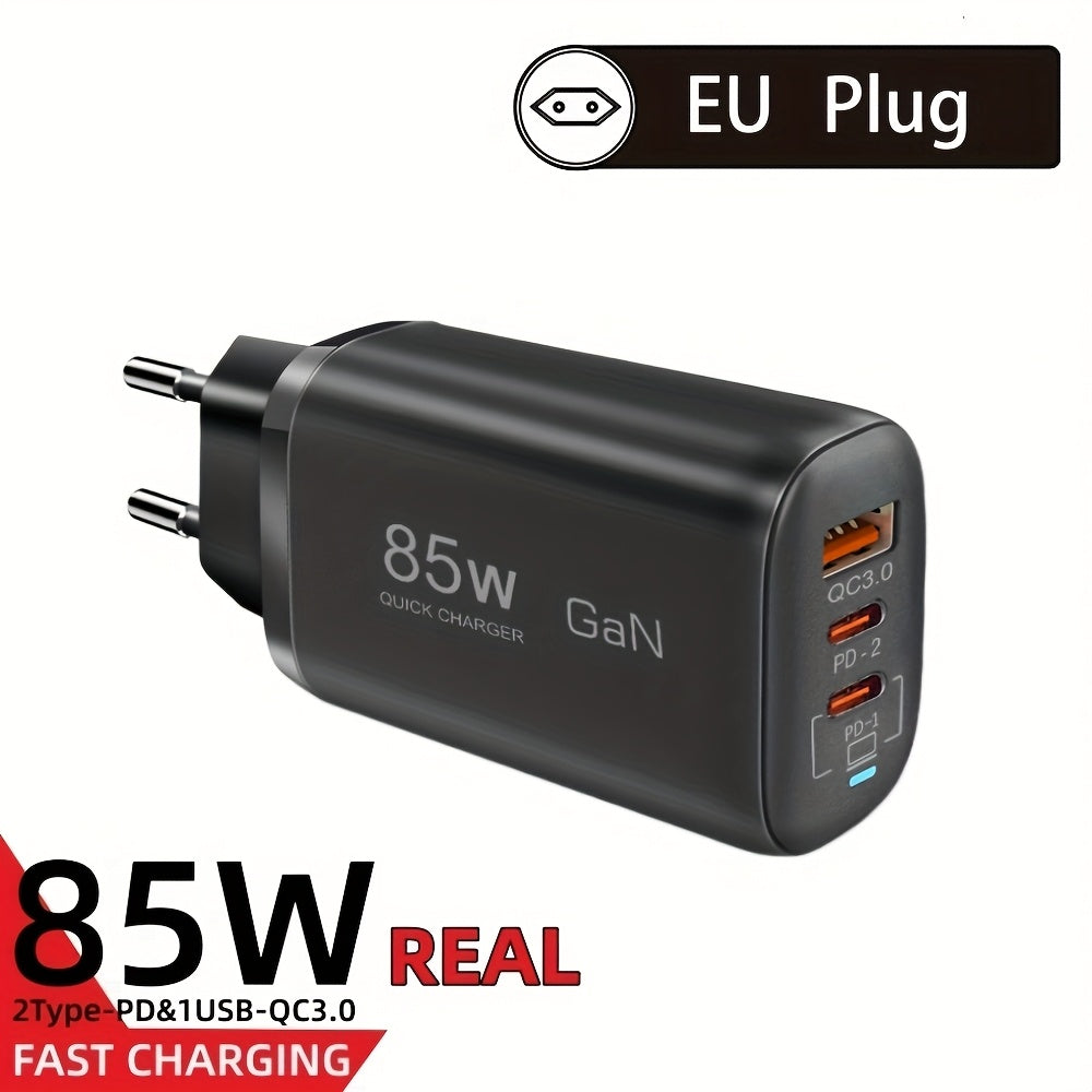 85W GaN charger with PPS PD, QC 3.0/4.0, USB-C fast charging for multiple devices, including Samsung, Xiaomi, iPhone, iPad, MacBook, and notebooks. EU plug universal desktop charger for