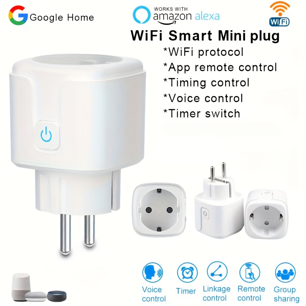 WiFi smart plug 16A EU socket with Tuya Smart Life app for voice control and power monitoring through Alexa and Google Home Assistant.