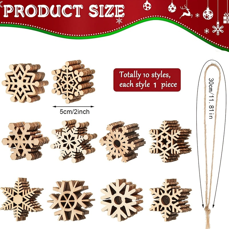 Set of 10 Unfinished Wooden Snowflake Ornaments for DIY Christmas Tree Decorations, Hollow-Out Design with String, Perfect Craft for Family Fun, Recommended for Ages 14 and Up, Ideal for the Holiday Season