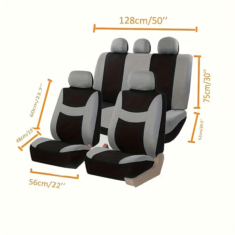 New full seat cover set for 5-seater car, includes 2 front seat covers, 1 rear seat back cover, 1 rear seat cover, and 5 car seat head covers.