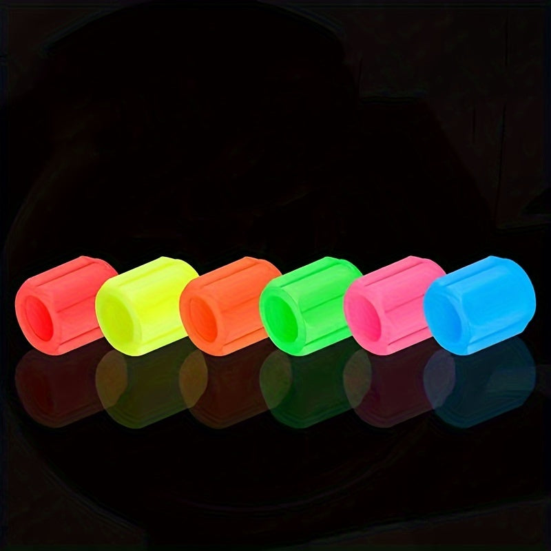 16pcs Luminous Tire Valve Stem Caps for bikes, motorcycles, and cars. Glow-in-the-dark wheel valve covers made of durable plastic. Dust-proof, leak-proof design.