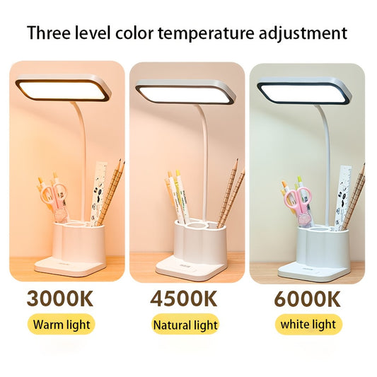 LED desk lamp with touch control, adjustable gooseneck, rechargeable battery, dual power mode, pen holder, for home office, dorm, reading, learning.