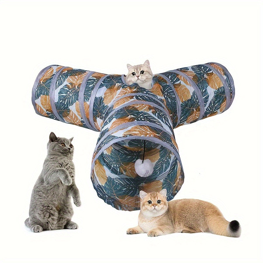 Collapsible cat tunnel with playful leaf print, foldable polyester pet toy for cats. Interactive and stimulating fun, easy to store and clean. Durable interactive cat toy.